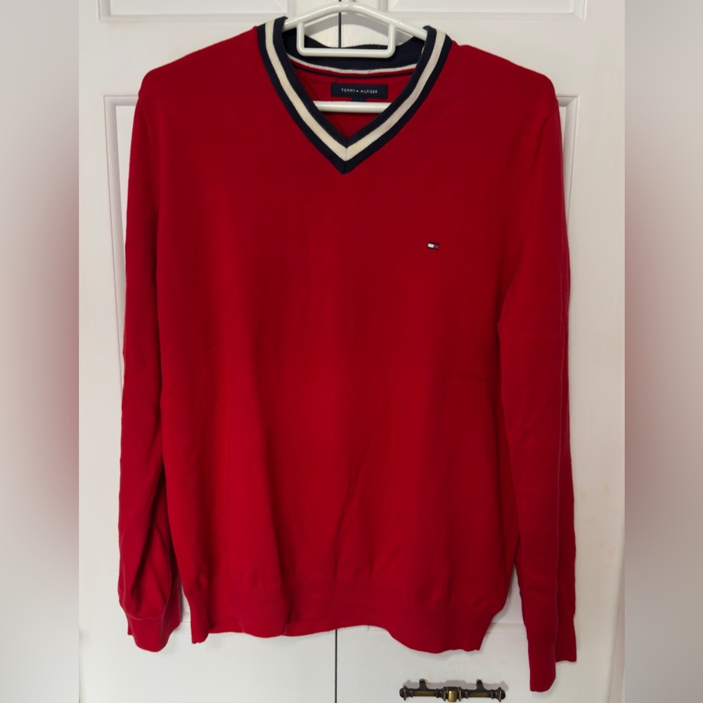 Tommy Hilfiger Red V-Neck Sweater with Contrast Stripe. Size L. GUC.